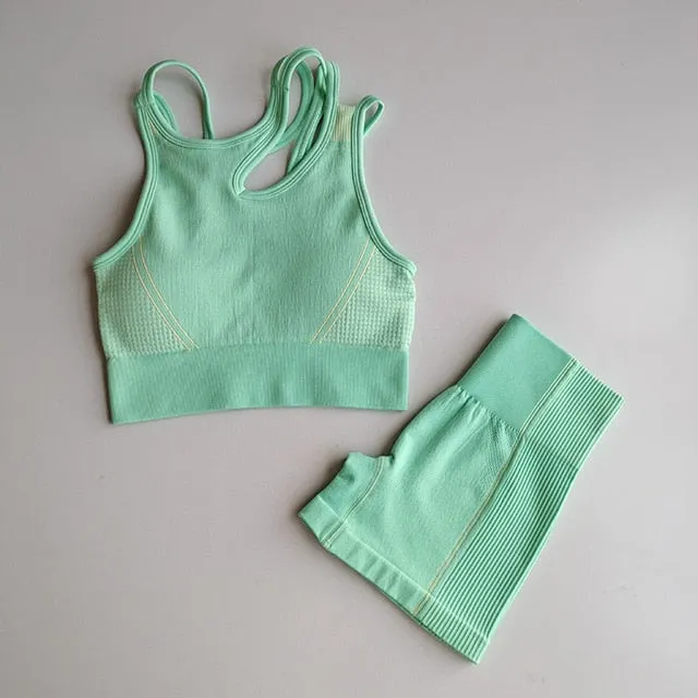 2 Piece Seamless Sports Bras Fitness Shorts Yoga Set Gym Breathable Stretch Sports Suit Running Training Wear