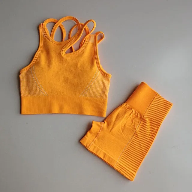 2 Piece Seamless Sports Bras Fitness Shorts Yoga Set Gym Breathable Stretch Sports Suit Running Training Wear
