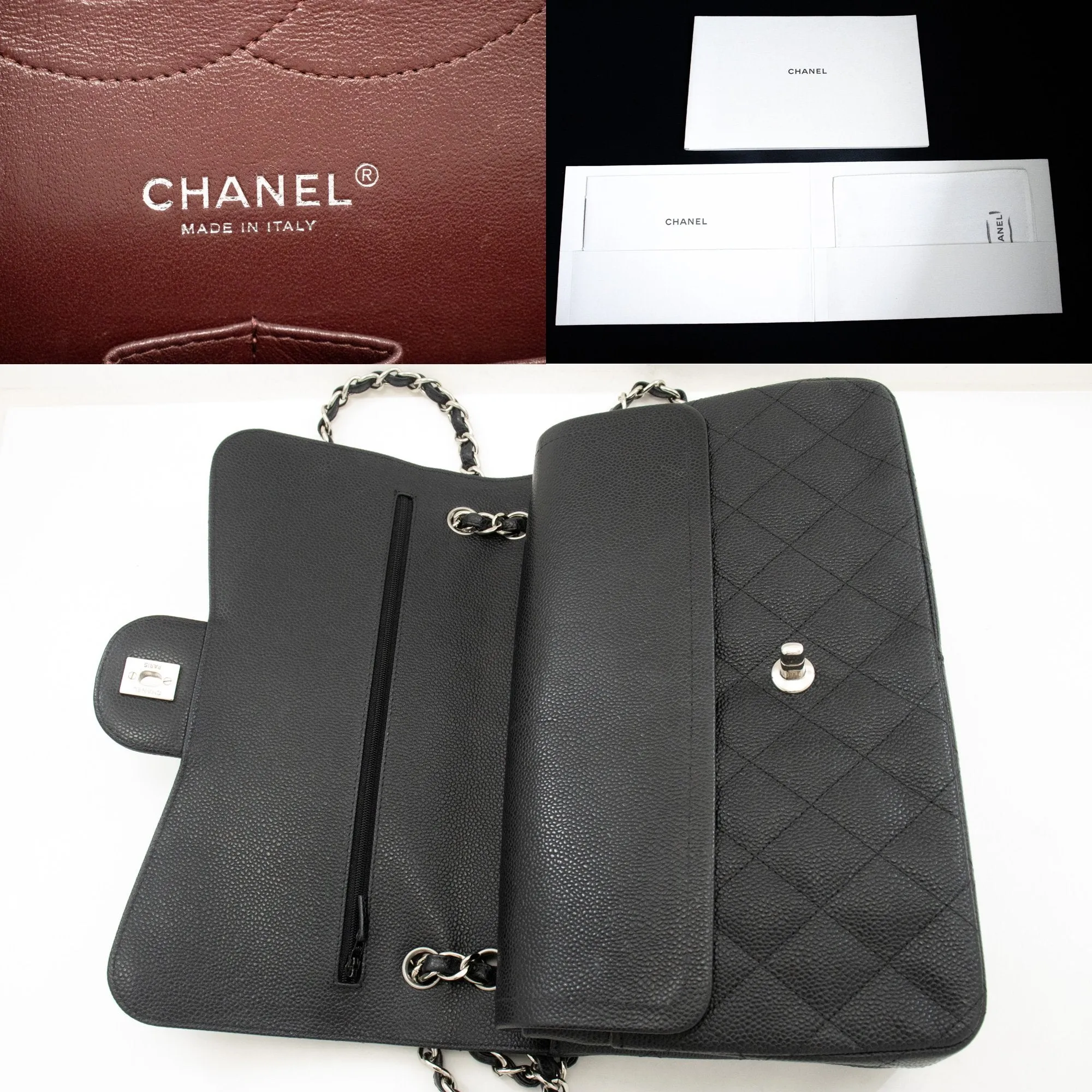 CHANEL 11" Large Grained Calfskin Double Flap Chain Shoulder Bag