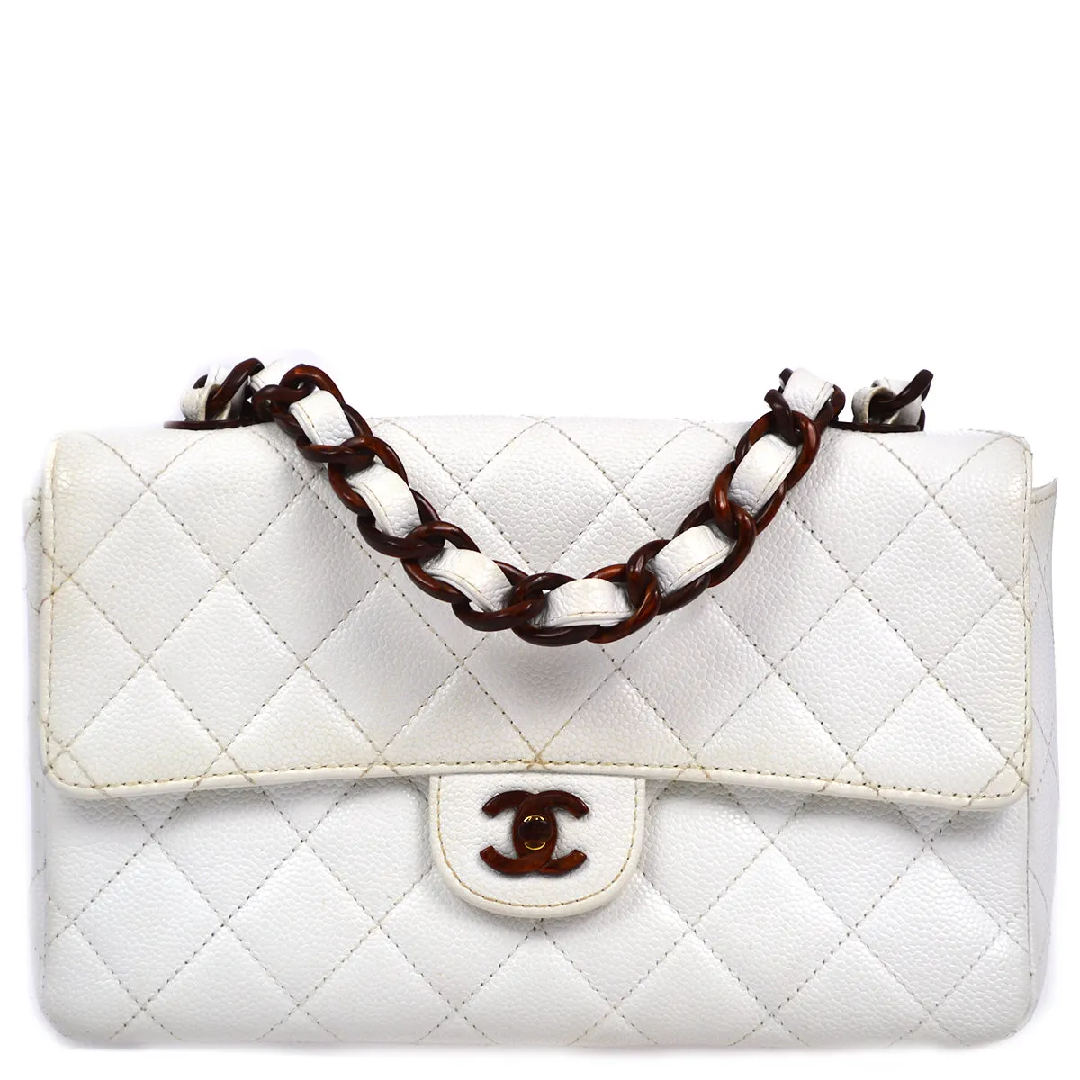 Chanel 1997-1999 White Caviar Classic Flap Acrylic Chain Shoulder Bag
