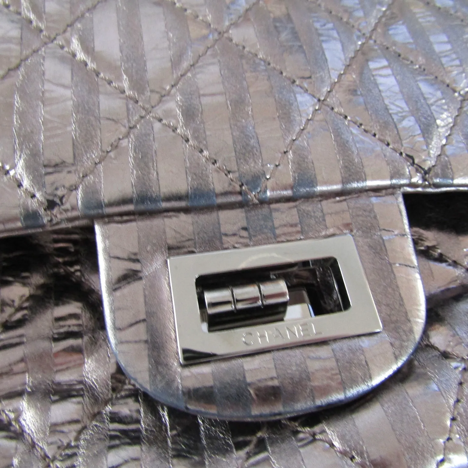 CHANEL 2.55 Reissue 227 Double Flap Metallic Striped Shoulder Bag