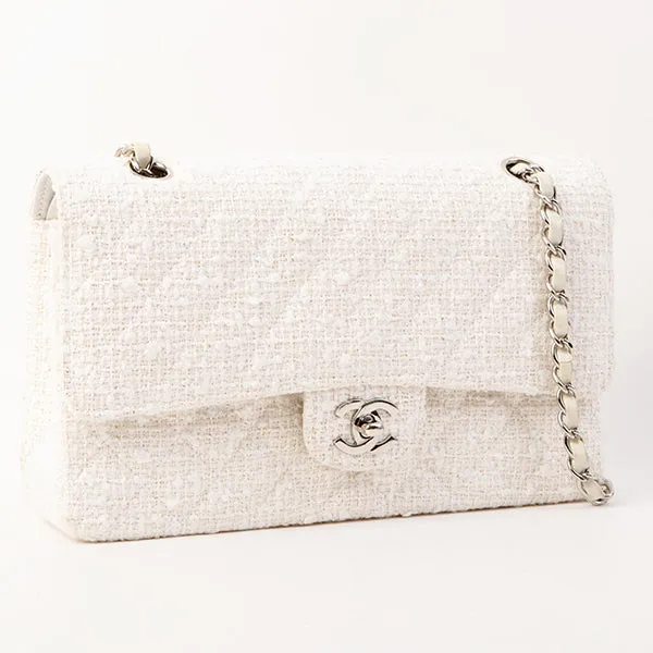 Chanel Around 2003 Made Tweed Classic Flap Chain Bag 25Cm White