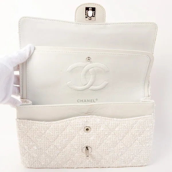 Chanel Around 2003 Made Tweed Classic Flap Chain Bag 25Cm White