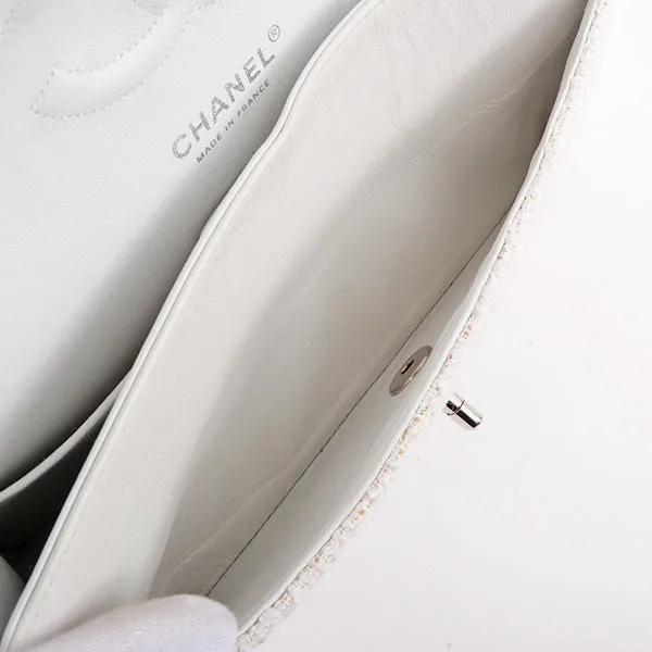 Chanel Around 2003 Made Tweed Classic Flap Chain Bag 25Cm White