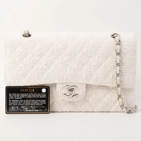 Chanel Around 2003 Made Tweed Classic Flap Chain Bag 25Cm White