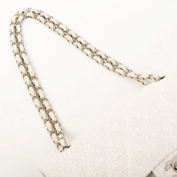 Chanel Around 2003 Made Tweed Classic Flap Chain Bag 25Cm White
