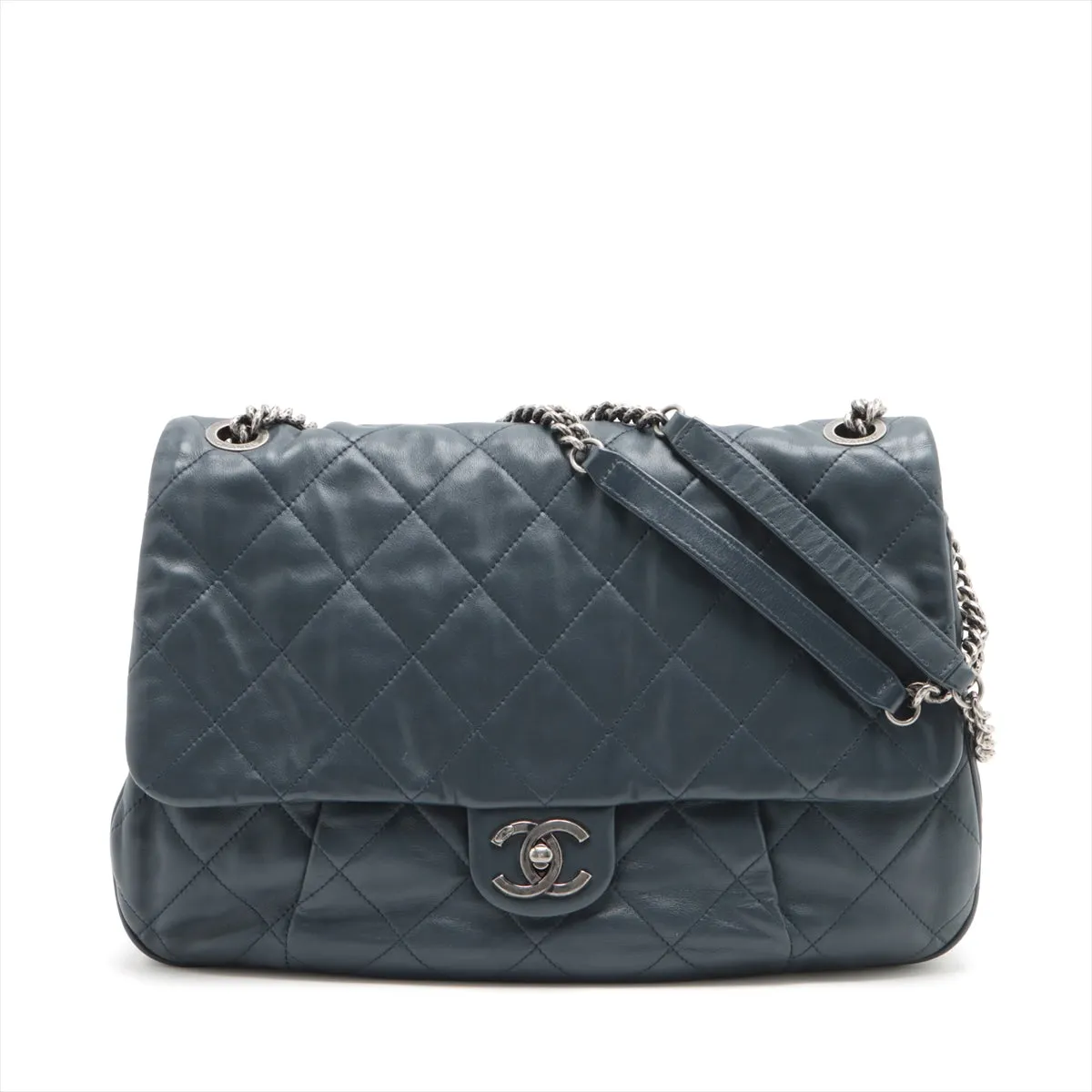 Chanel Matrasse Leather Single Flap Double Chain Bag Navy Gummetal G