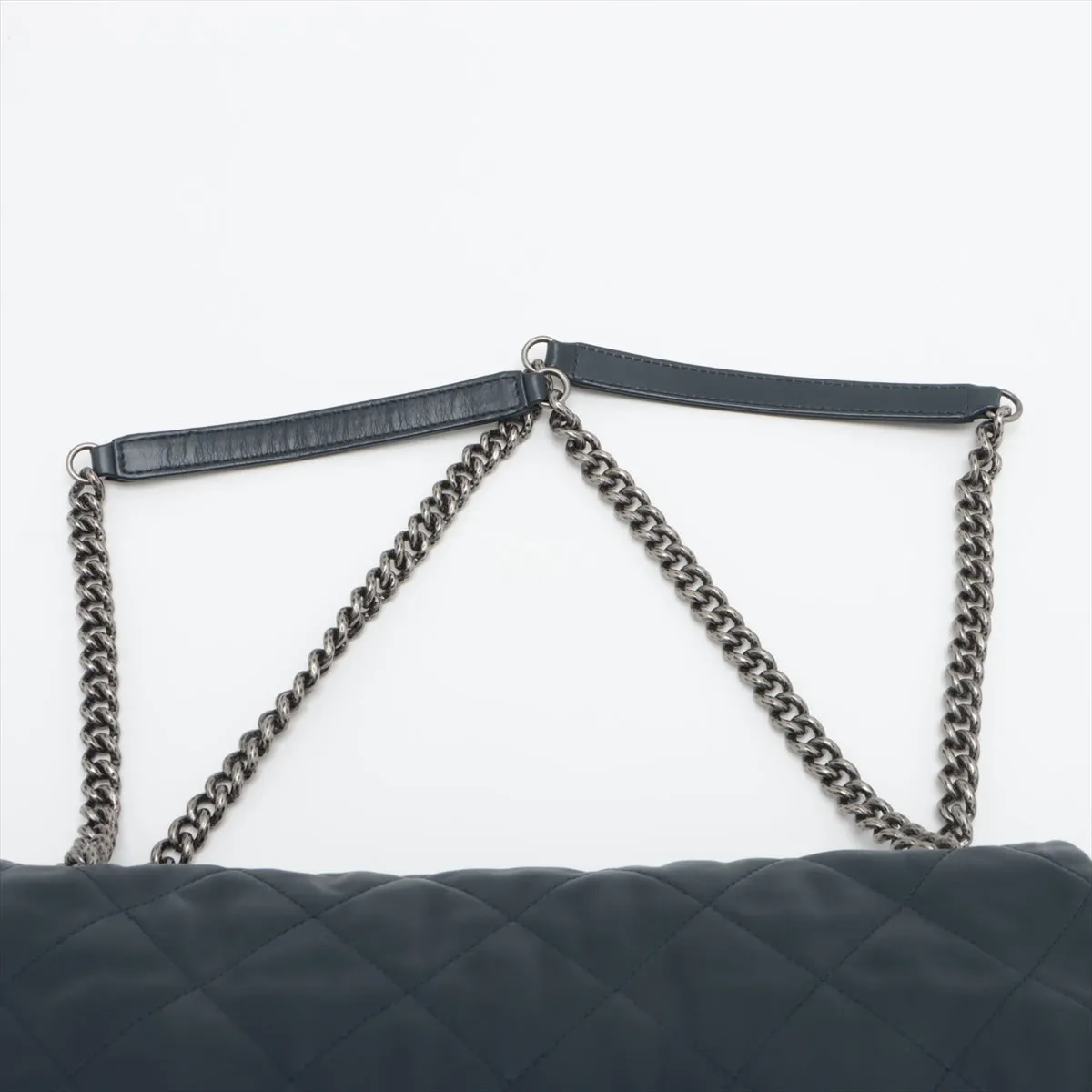 Chanel Matrasse Leather Single Flap Double Chain Bag Navy Gummetal G