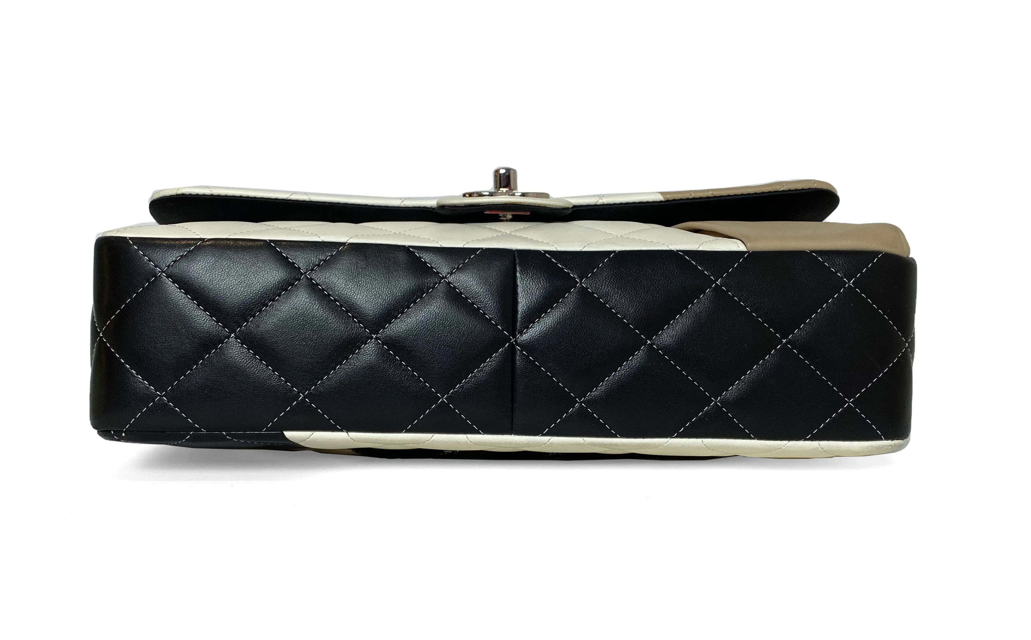 Chanel White/Beige/Black Lambskin Quilted Colorblock Double Flap Jumbo