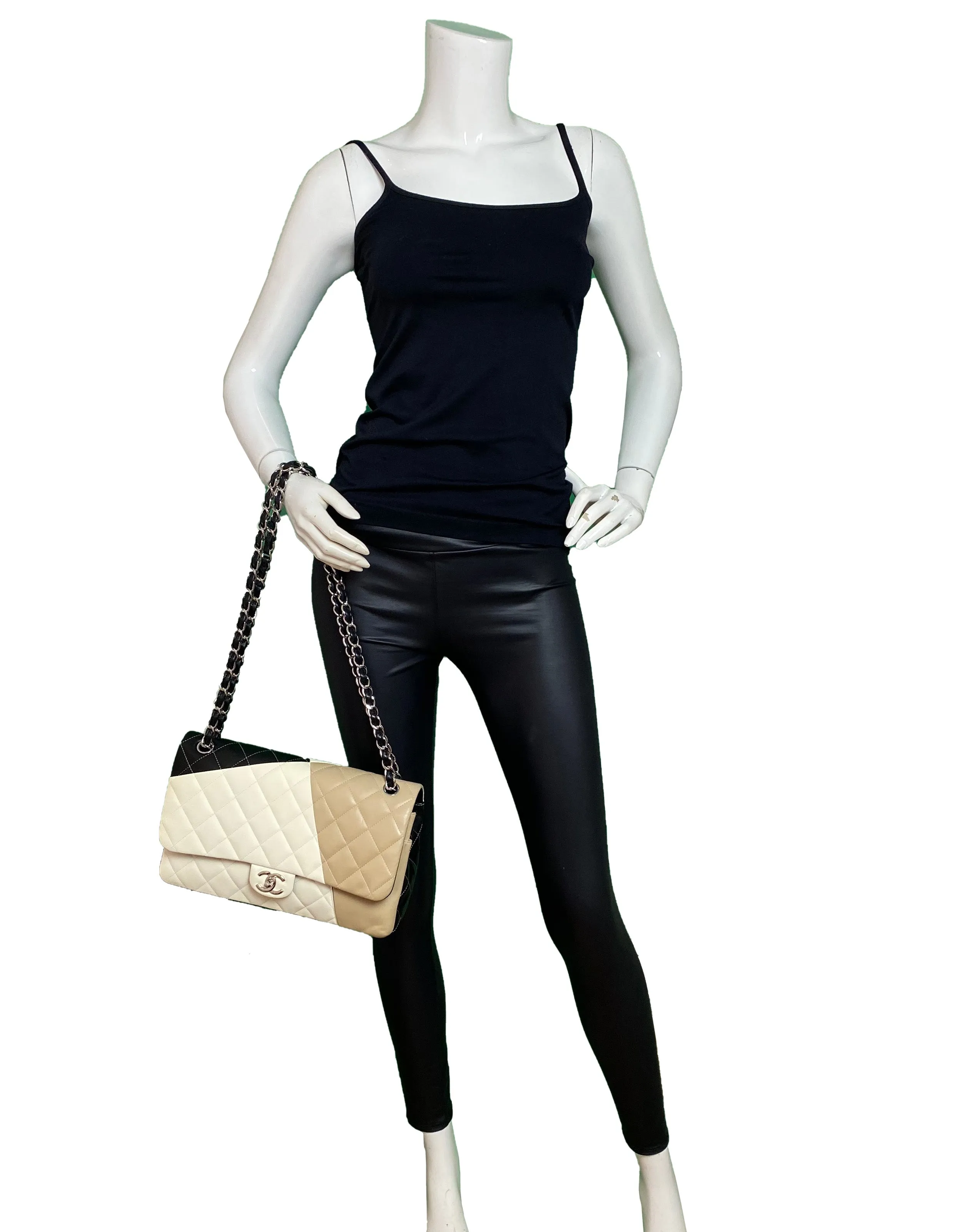 Chanel White/Beige/Black Lambskin Quilted Colorblock Double Flap Jumbo