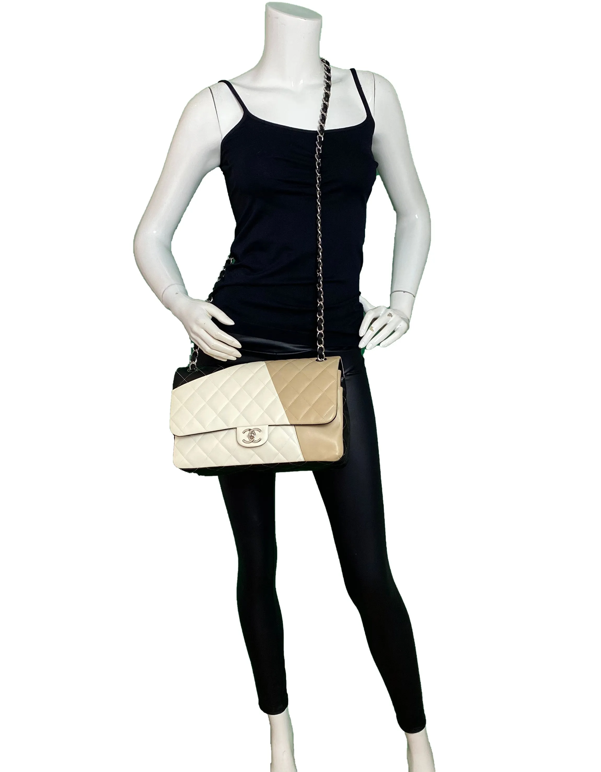 Chanel White/Beige/Black Lambskin Quilted Colorblock Double Flap Jumbo