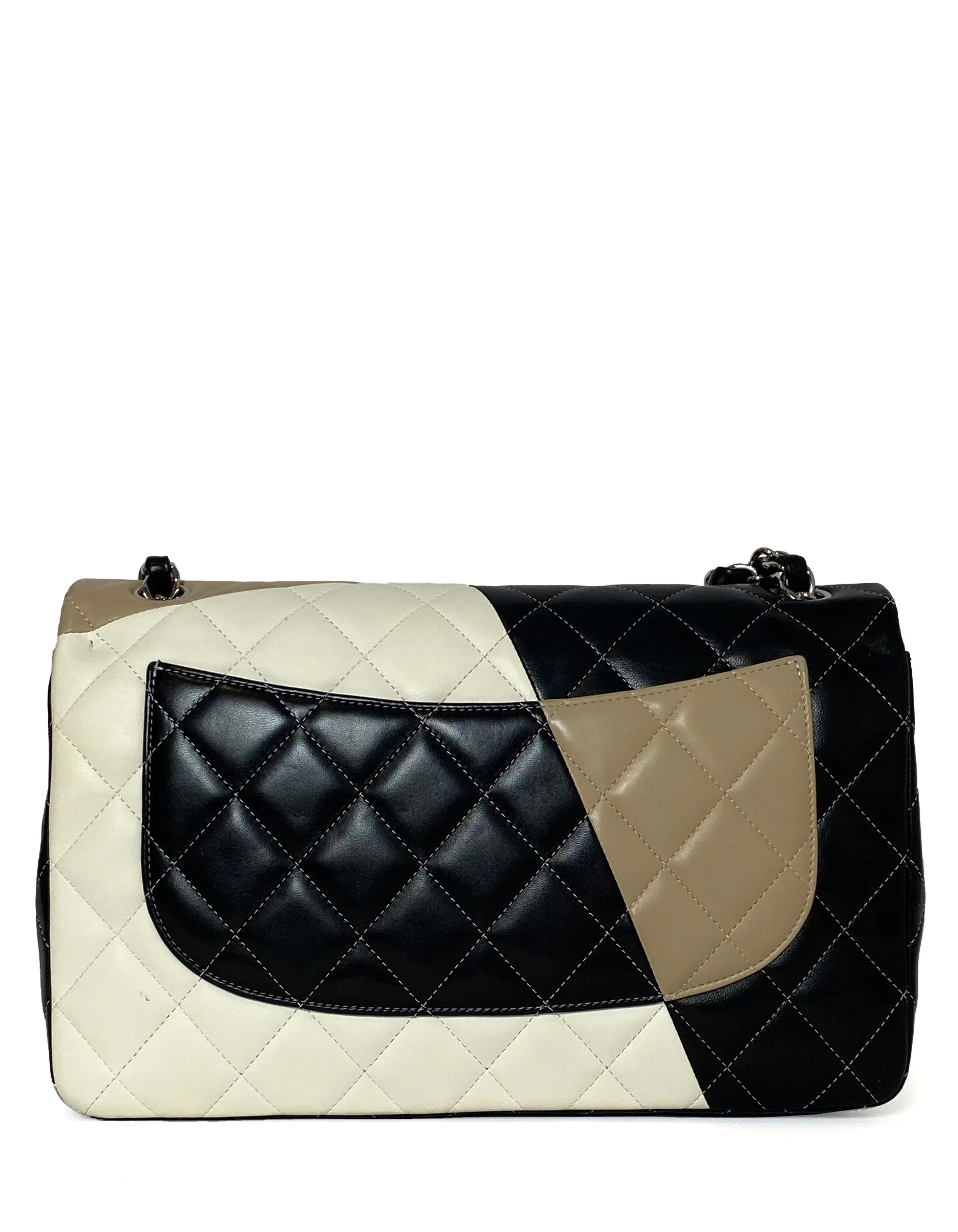 Chanel White/Beige/Black Lambskin Quilted Colorblock Double Flap Jumbo