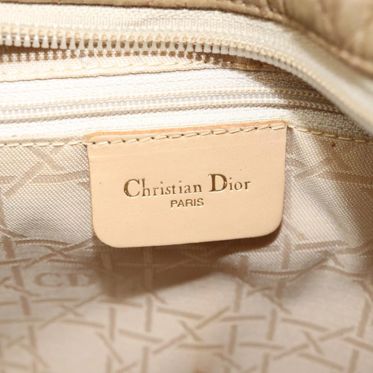 CHRISTIAN DIOR Lady Dior Canage Hand Bag Nylon Beige Auth bs15406