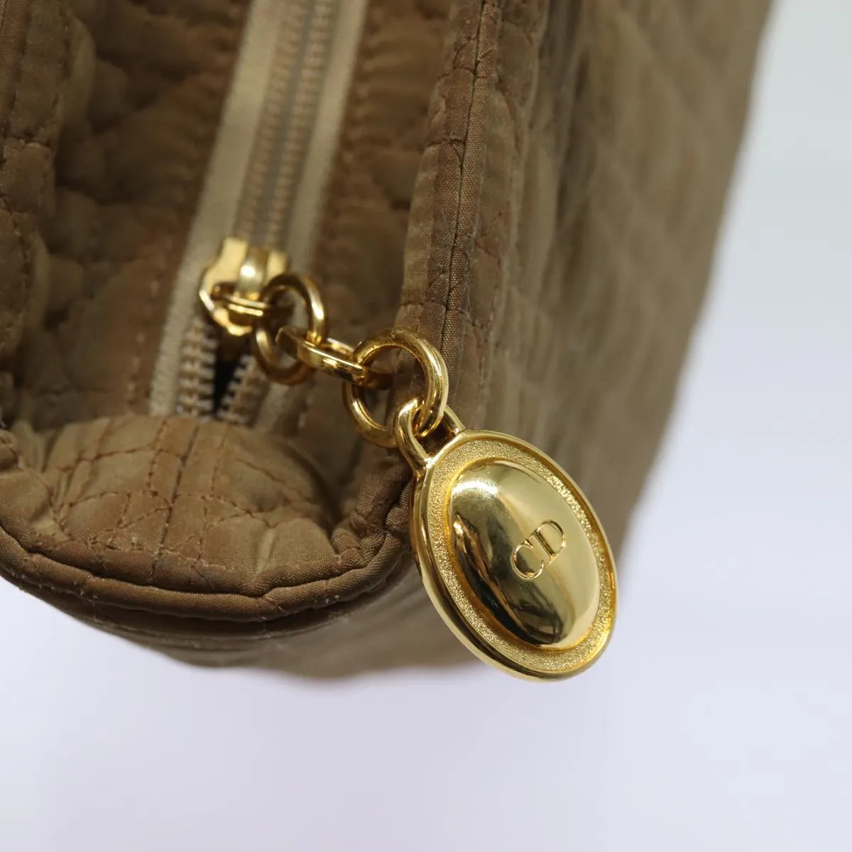 CHRISTIAN DIOR Lady Dior Canage Hand Bag Nylon Beige Auth bs15406