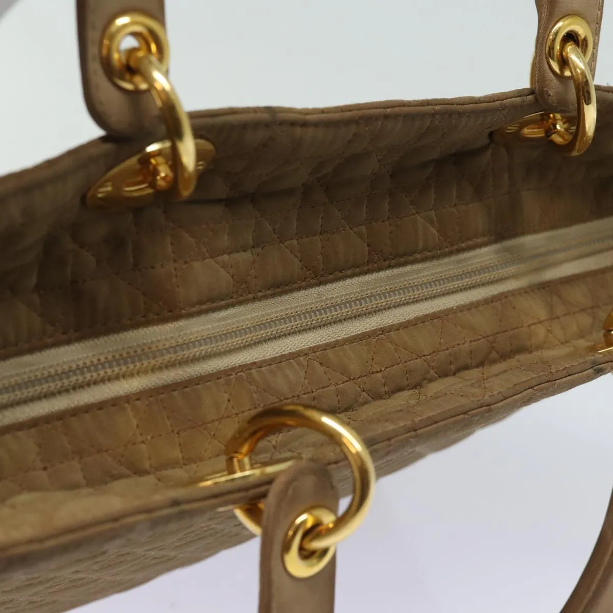 CHRISTIAN DIOR Lady Dior Canage Hand Bag Nylon Beige Auth bs15406