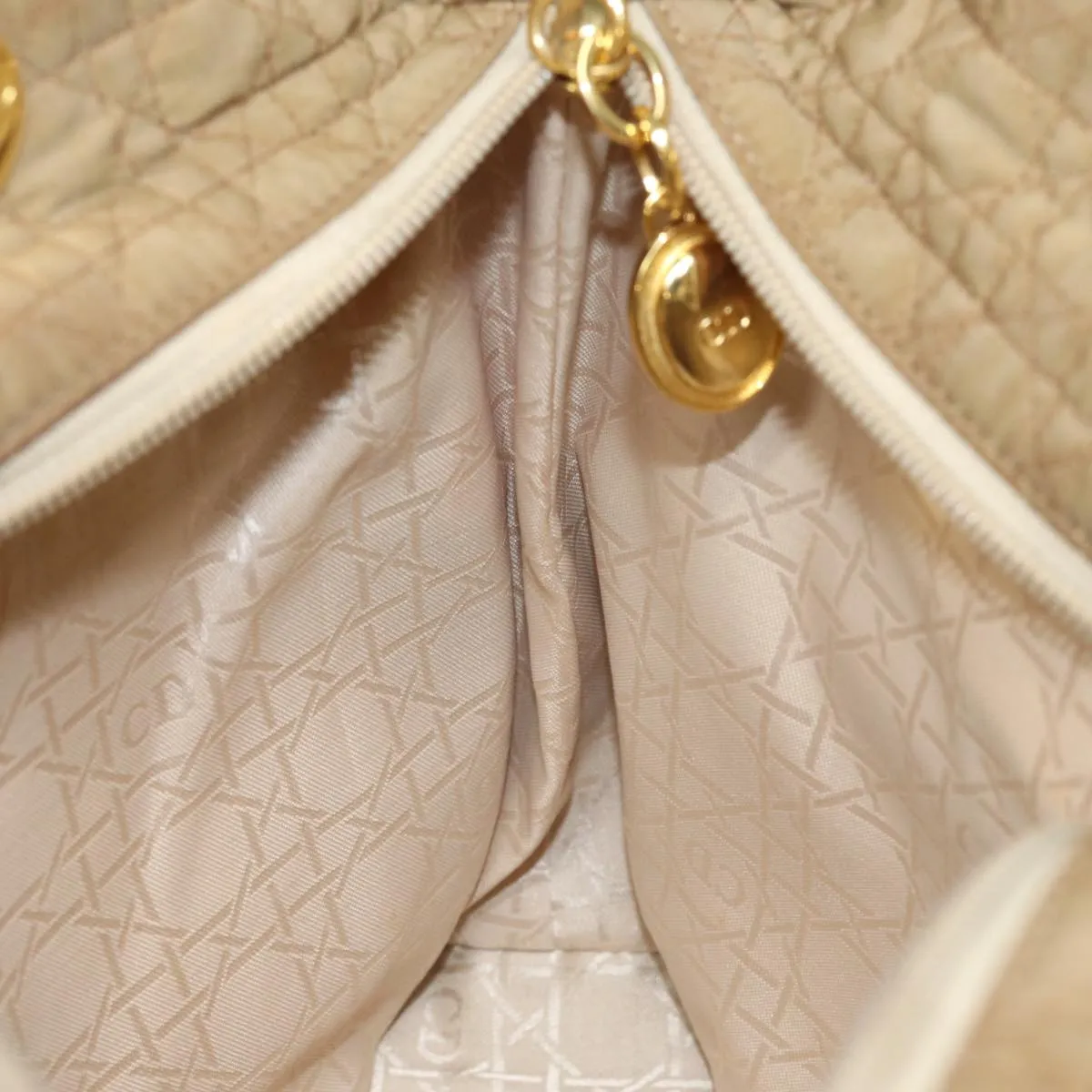CHRISTIAN DIOR Lady Dior Canage Hand Bag Nylon Beige Auth bs15406
