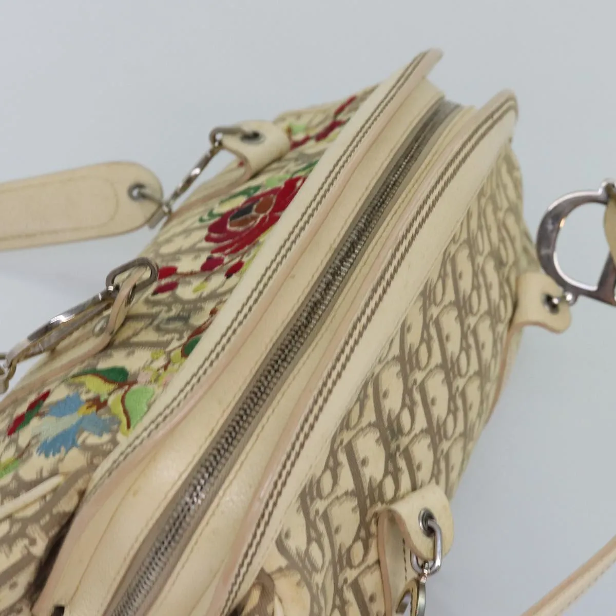 CHRISTIAN DIOR Trotter Canvas Flower Embroidery Hand Bag Beige Auth ep4471