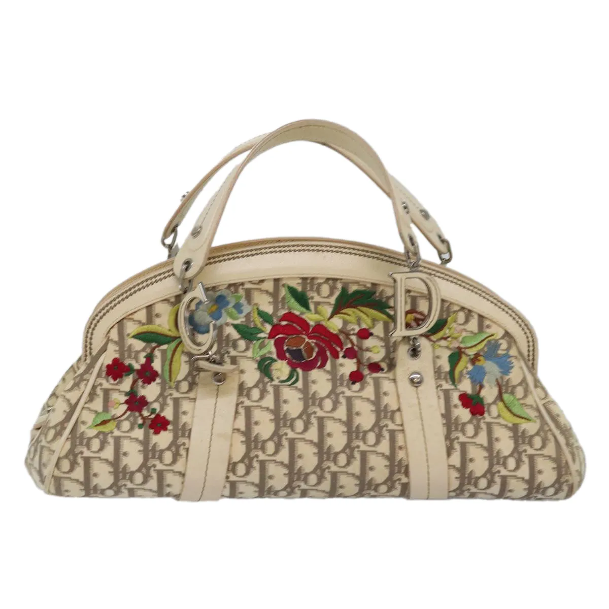 CHRISTIAN DIOR Trotter Canvas Flower Embroidery Hand Bag Beige Auth ep4471