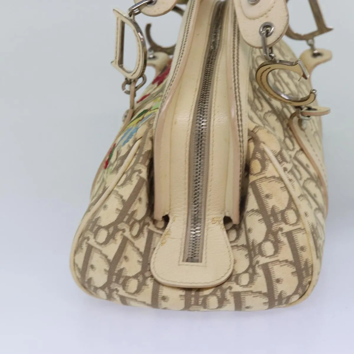 CHRISTIAN DIOR Trotter Canvas Flower Embroidery Hand Bag Beige Auth ep4471