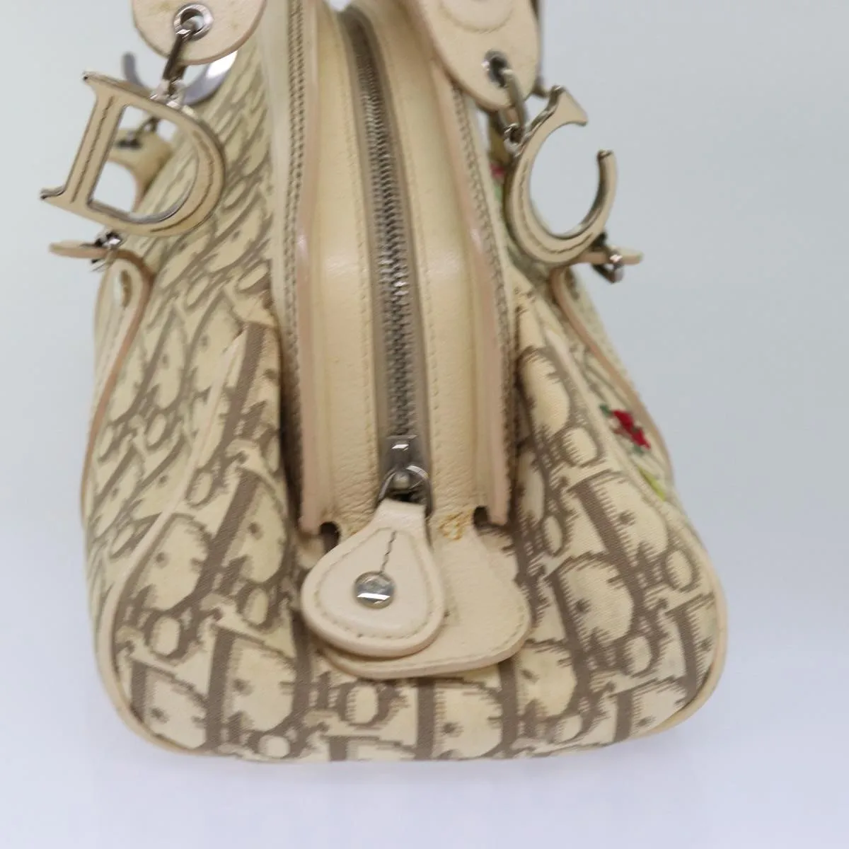 CHRISTIAN DIOR Trotter Canvas Flower Embroidery Hand Bag Beige Auth ep4471