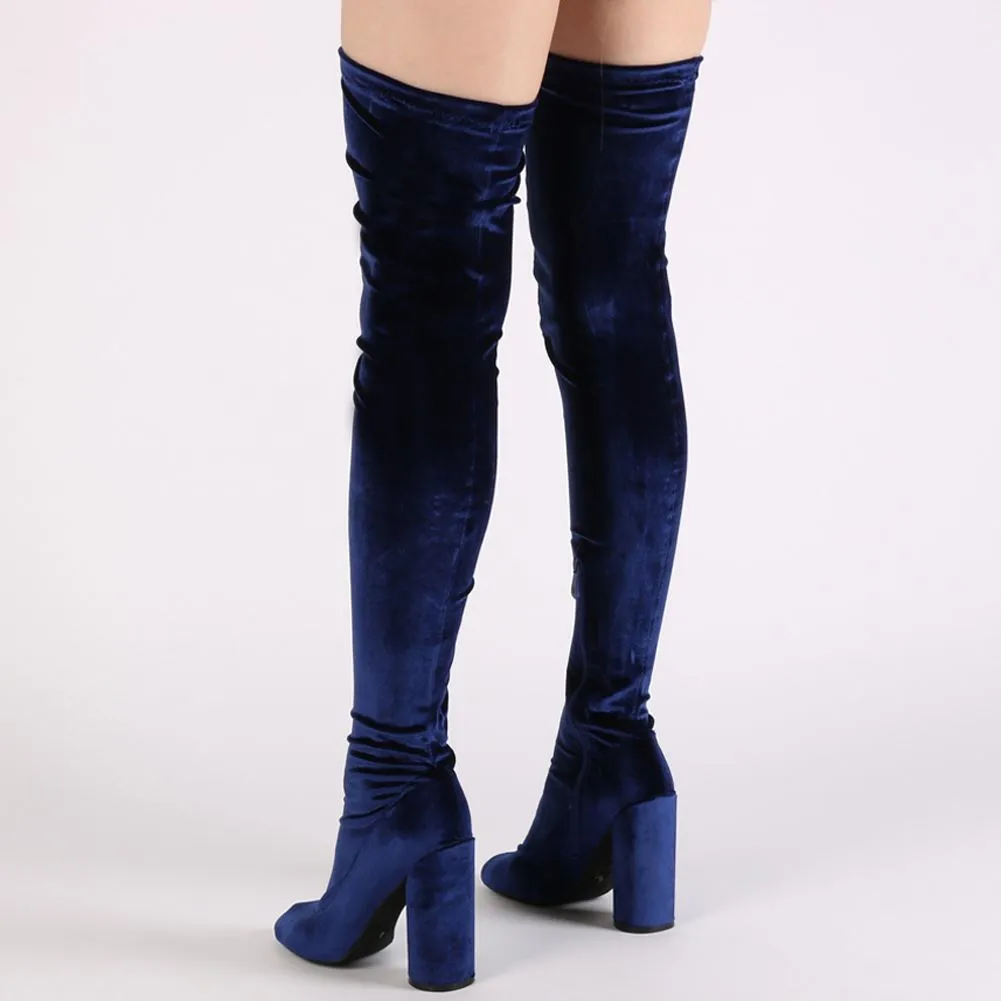 Eve Round Heel Long Boots in Navy Velvet