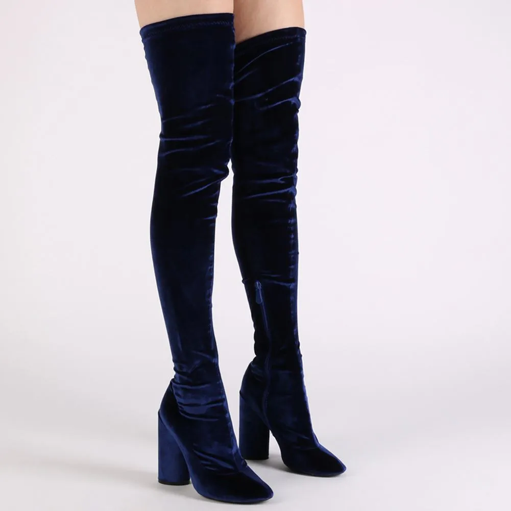 Eve Round Heel Long Boots in Navy Velvet