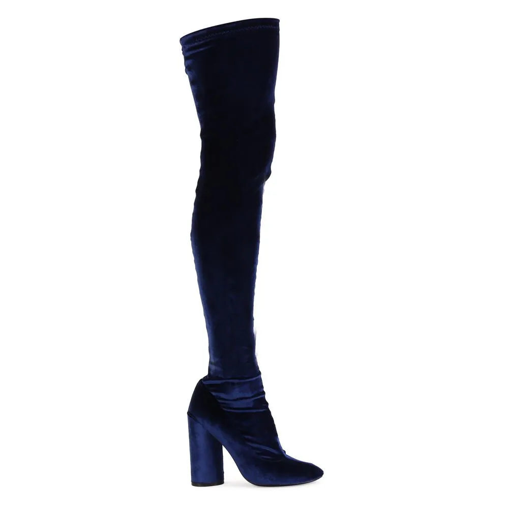 Eve Round Heel Long Boots in Navy Velvet