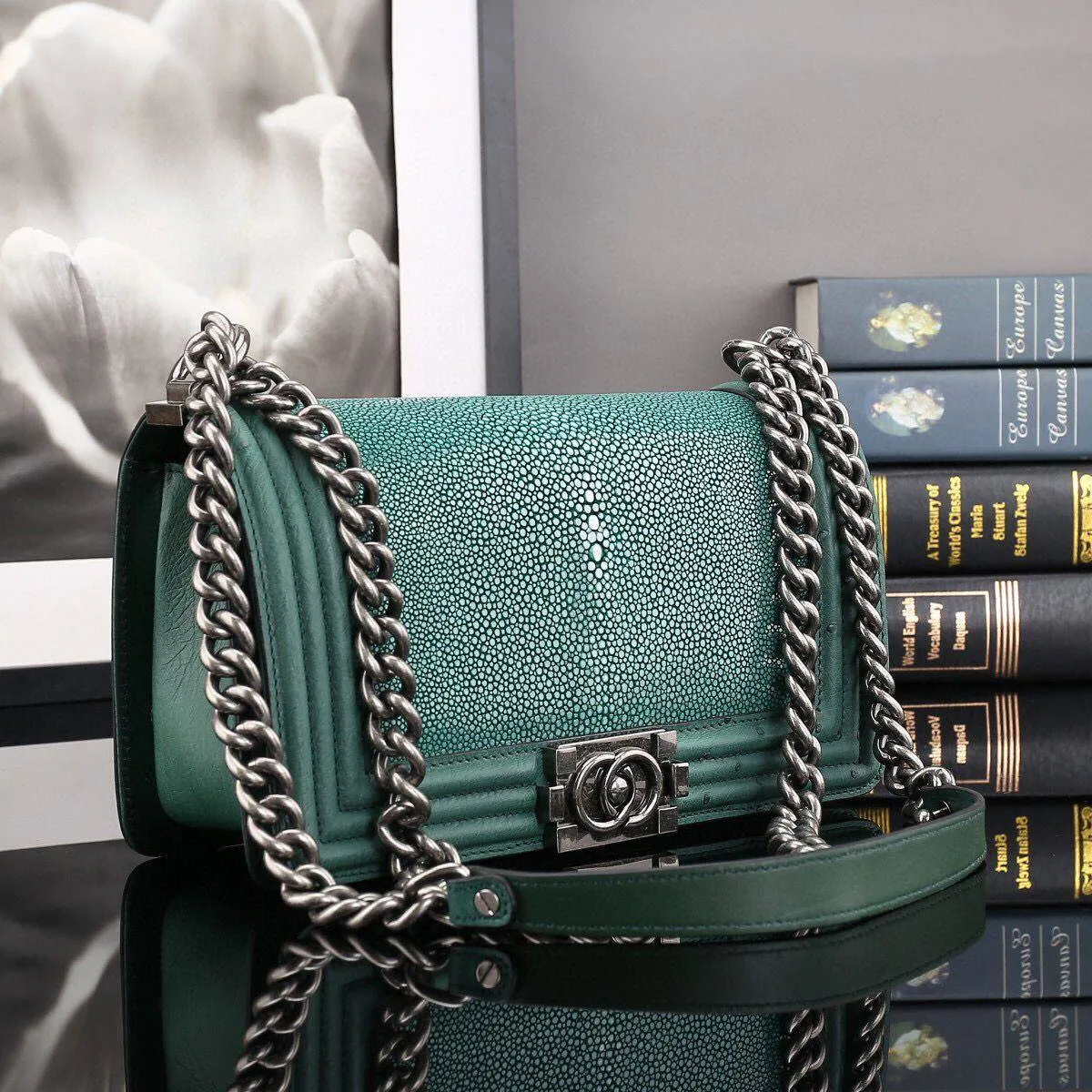 GenuinePearl Stingray Skin Leather Flap Purse Cross Body Shoulder Bag Green