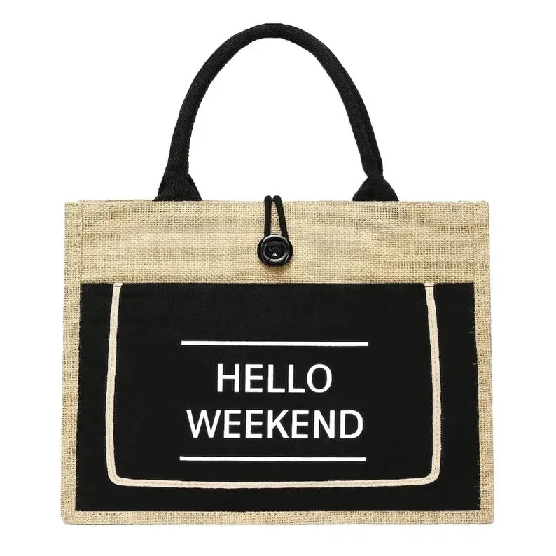 Hello Weekend Print Tote Custom Jute Bag Pocket Button Bags