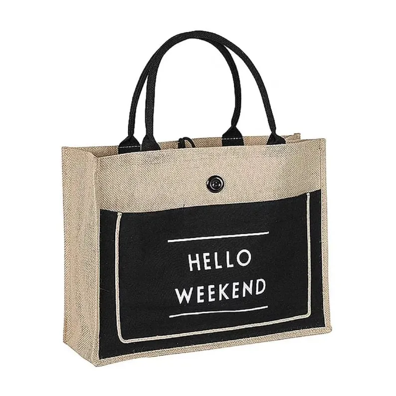 Hello Weekend Print Tote Custom Jute Bag Pocket Button Bags