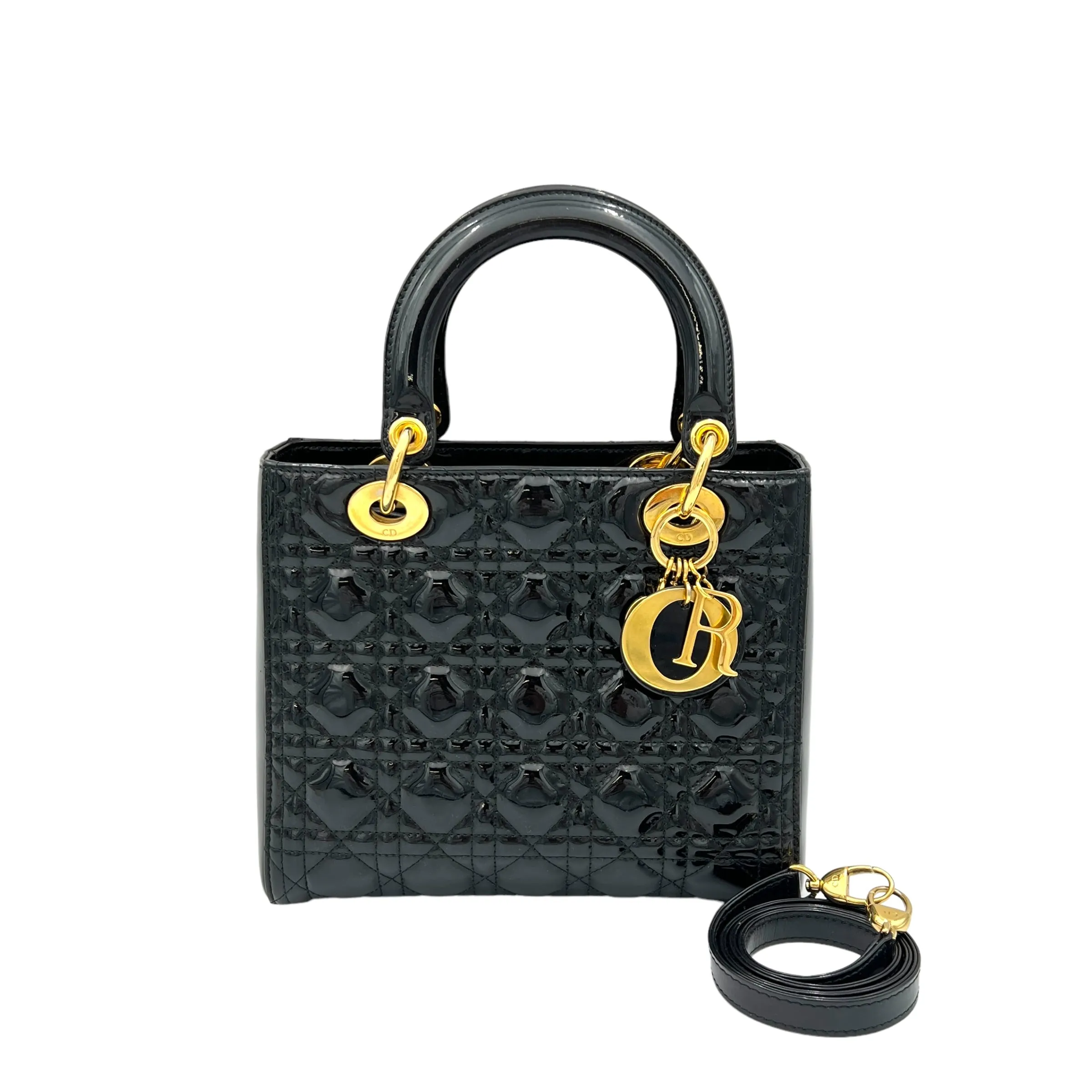 Lady Dior Medium Black Top Handle Bag in Patent Leather, Gold hardware