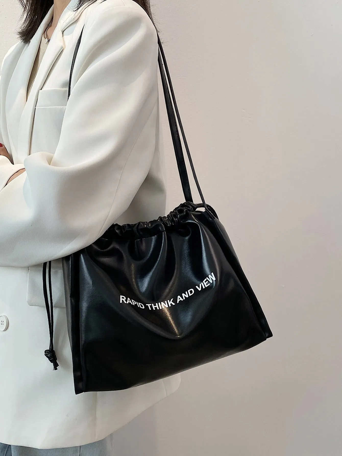 Letter Graphic Drawstring Shoulder Tote Bag