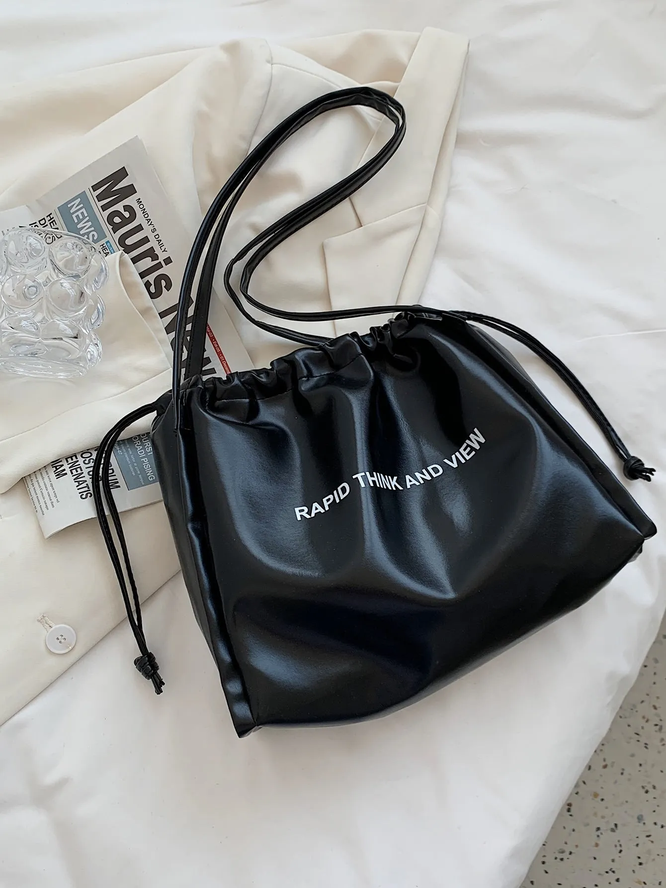 Letter Graphic Drawstring Shoulder Tote Bag