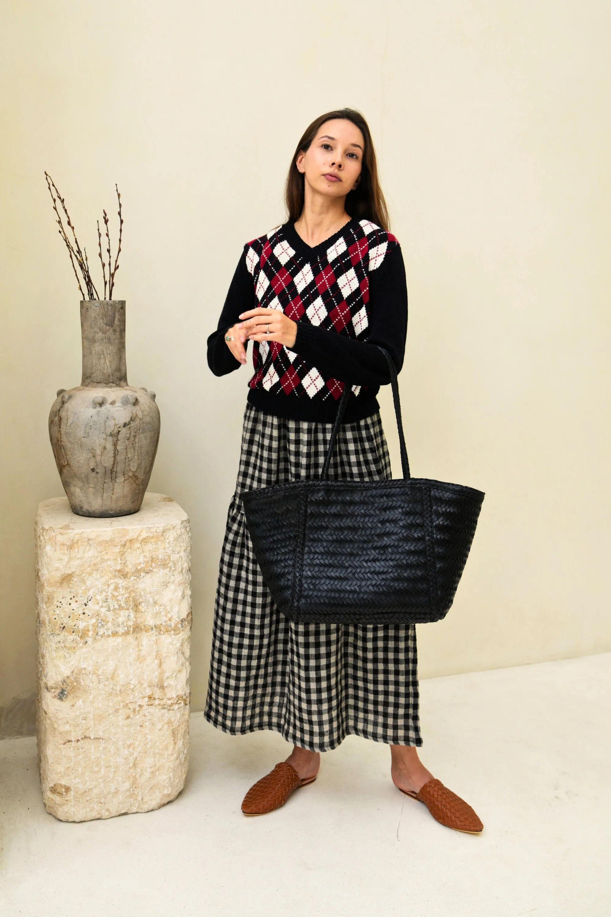 Phoebe Handwoven Leather Tote in Black