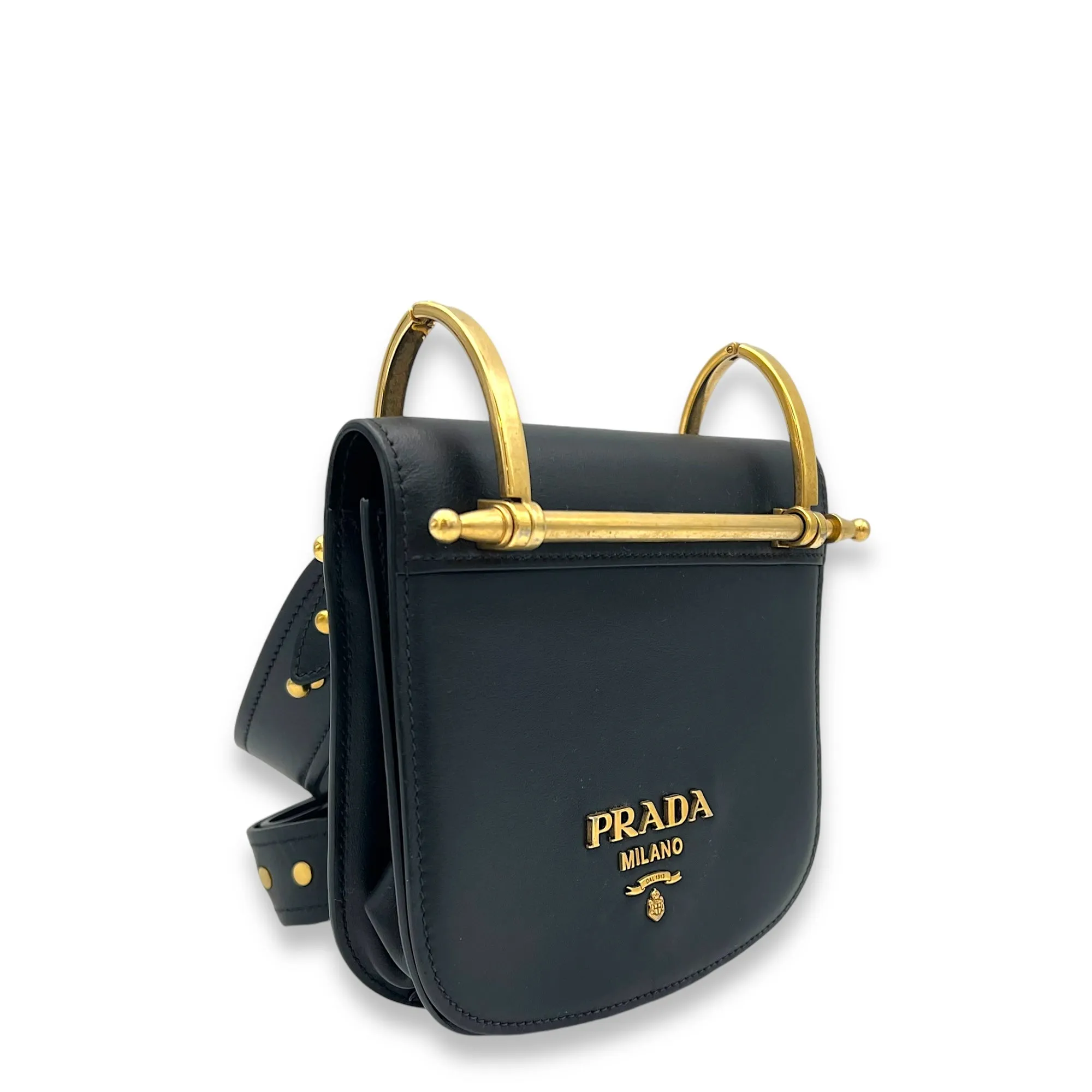 Pionniere Saddle Crossbody Bag Black in Calfskin, Gold hardware