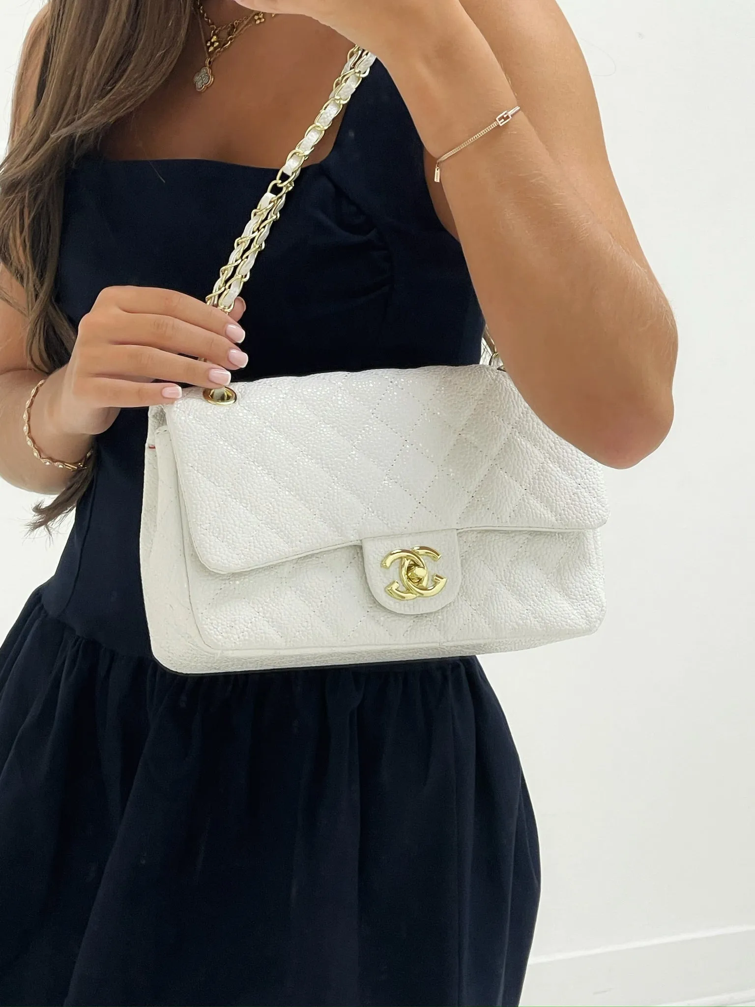 Quilted White Gold Chain Handbag