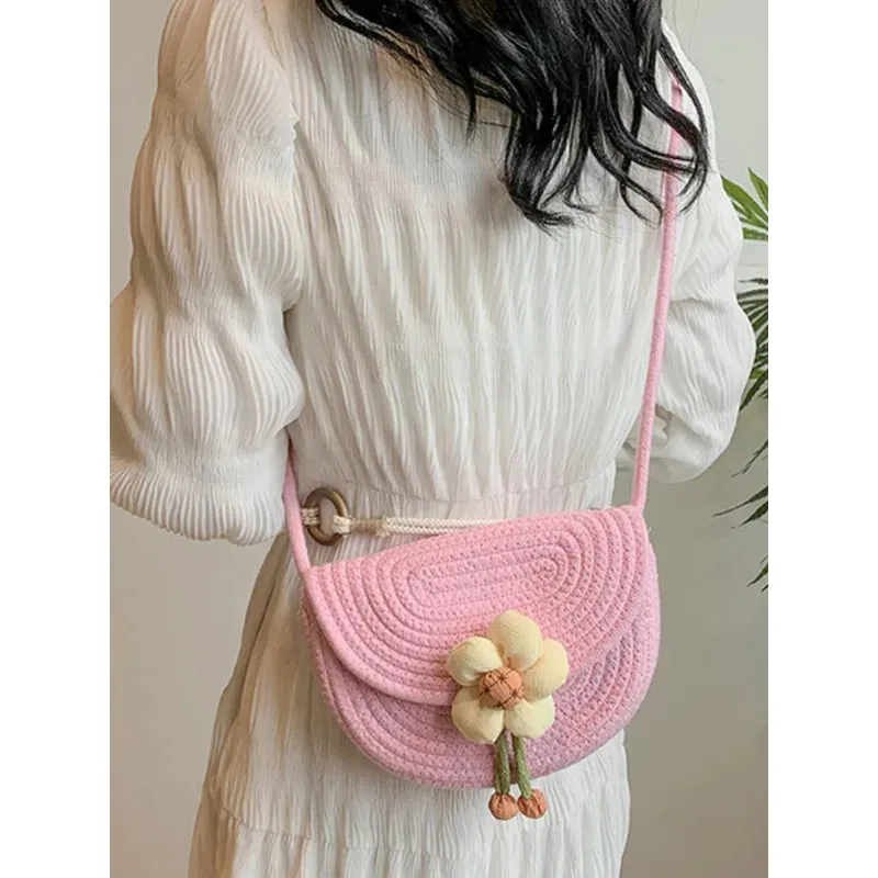 UAKISS  -  2024 Spring Straw Bags Women Woven Beach Bags New Flower Beach Small Bag Saddle Bag Handheld Cosmetic Crossbody Bags