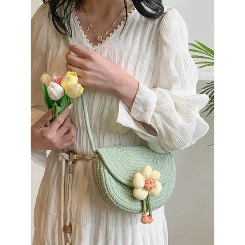 UAKISS  -  2024 Spring Straw Bags Women Woven Beach Bags New Flower Beach Small Bag Saddle Bag Handheld Cosmetic Crossbody Bags