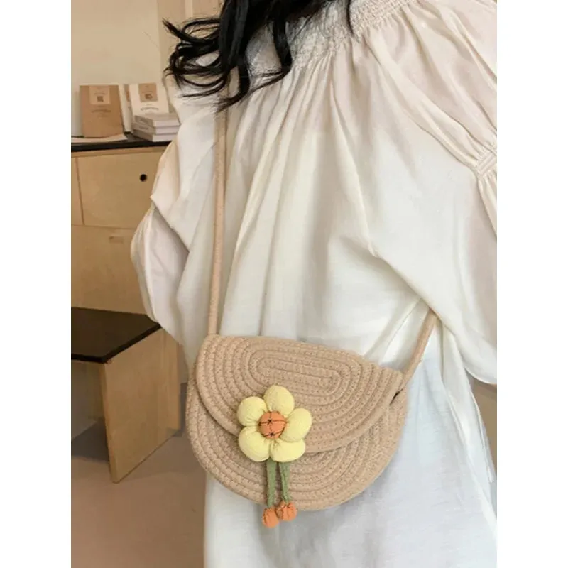 UAKISS  -  2024 Spring Straw Bags Women Woven Beach Bags New Flower Beach Small Bag Saddle Bag Handheld Cosmetic Crossbody Bags