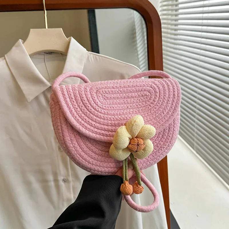 UAKISS  -  2024 Spring Straw Bags Women Woven Beach Bags New Flower Beach Small Bag Saddle Bag Handheld Cosmetic Crossbody Bags