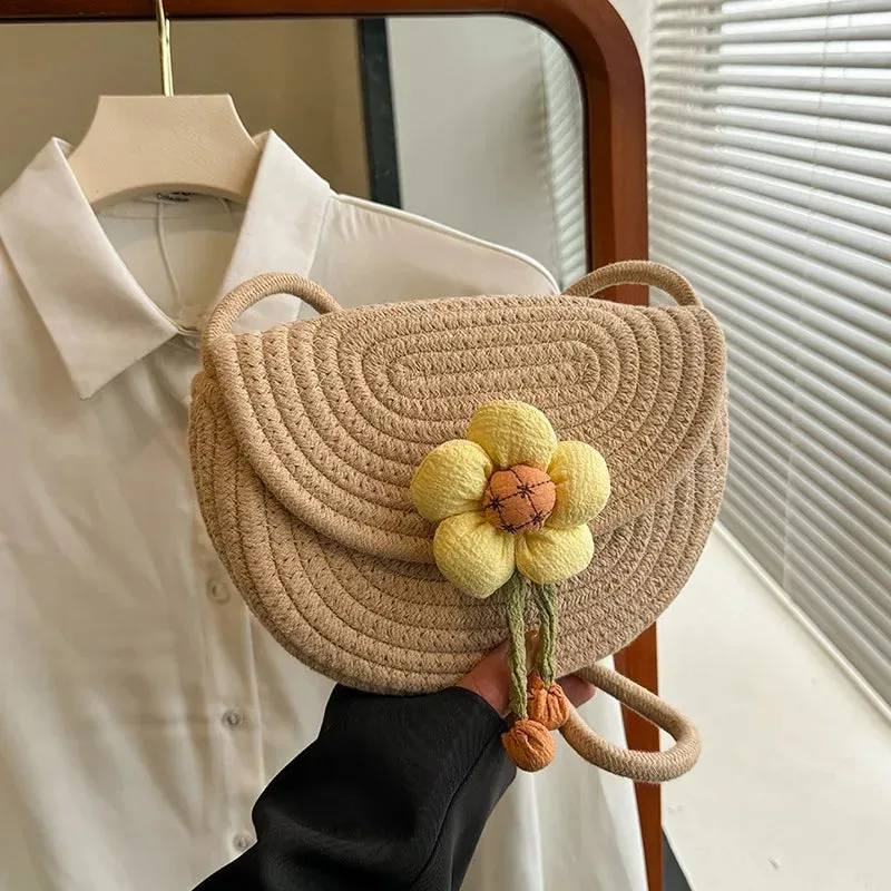 UAKISS  -  2024 Spring Straw Bags Women Woven Beach Bags New Flower Beach Small Bag Saddle Bag Handheld Cosmetic Crossbody Bags